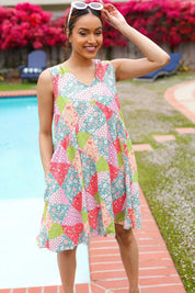 Hello Beautiful Peach & Sage Patchwork Babydoll Swing Dress | Daverri Fashions