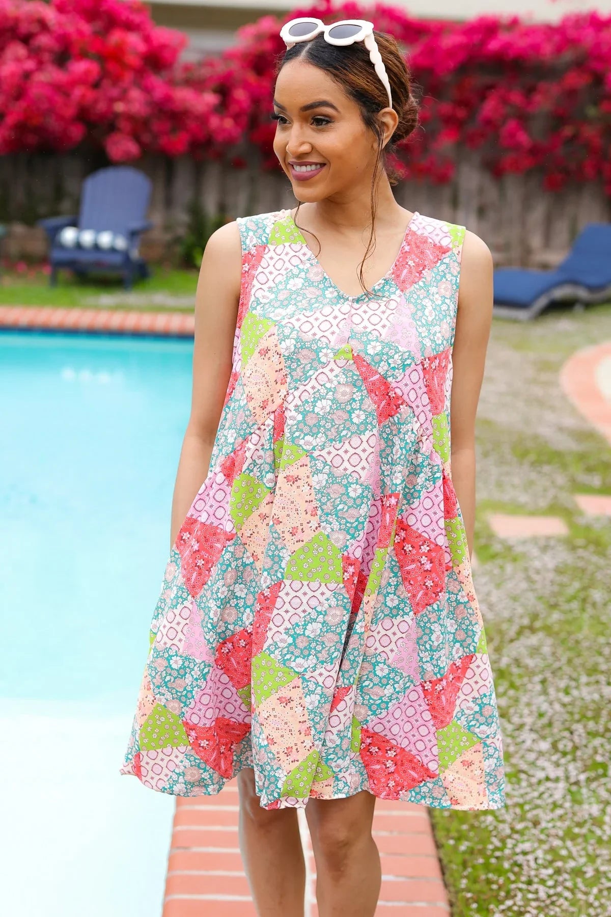 Hello Beautiful Peach & Sage Patchwork Babydoll Swing Dress | Daverri Fashions