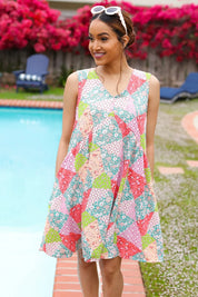 Hello Beautiful Peach & Sage Patchwork Babydoll Swing Dress | Daverri Fashions