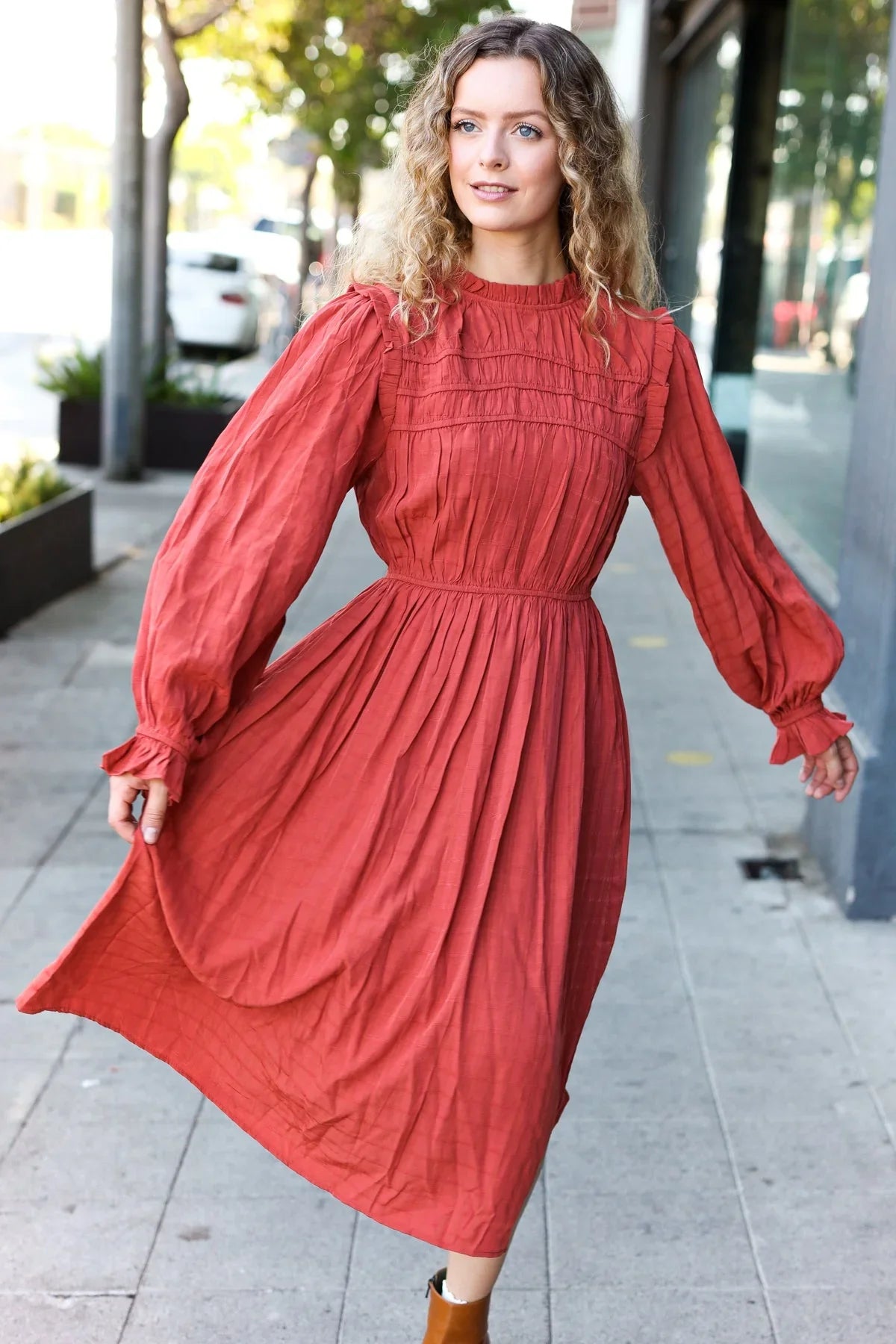 Love Found Rust Mock Neck Embossed Lined Dress | 2024 Blow-Out Sale Daverri Fashions