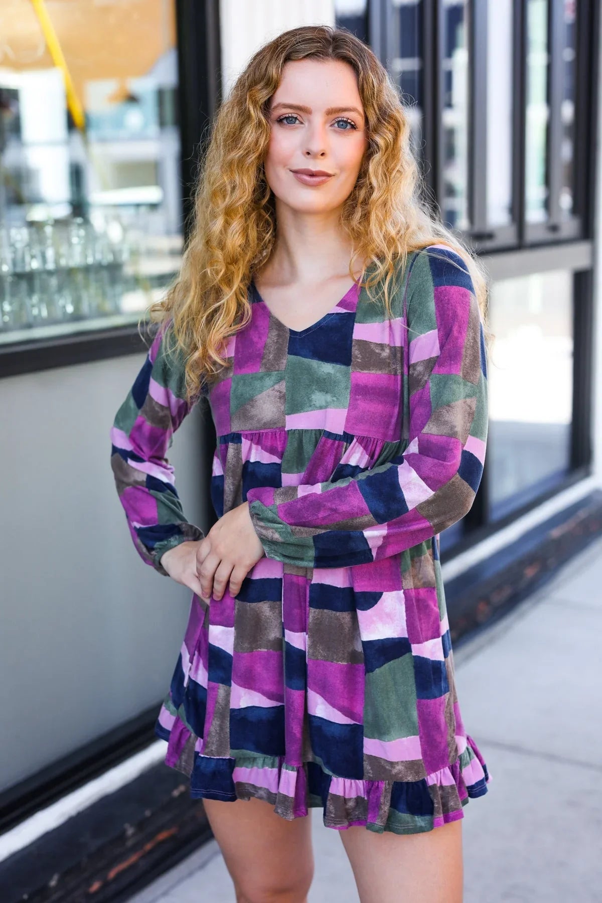 Lock Eyes Lavender Geo Print Ruffle Hem Dress | Daverri Fashions