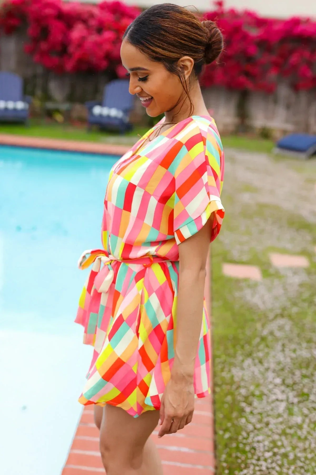 Eyes On You Coral Geo Abstract Surplice Woven Romper - DAVERRI FASHIONS