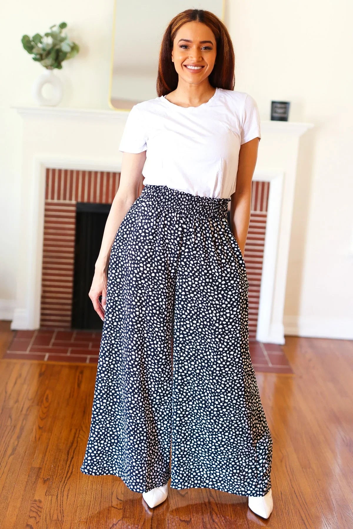 Let's Meet Up Black Animal Print Smocked Waist Palazzo Pants | Daverri Fashions
