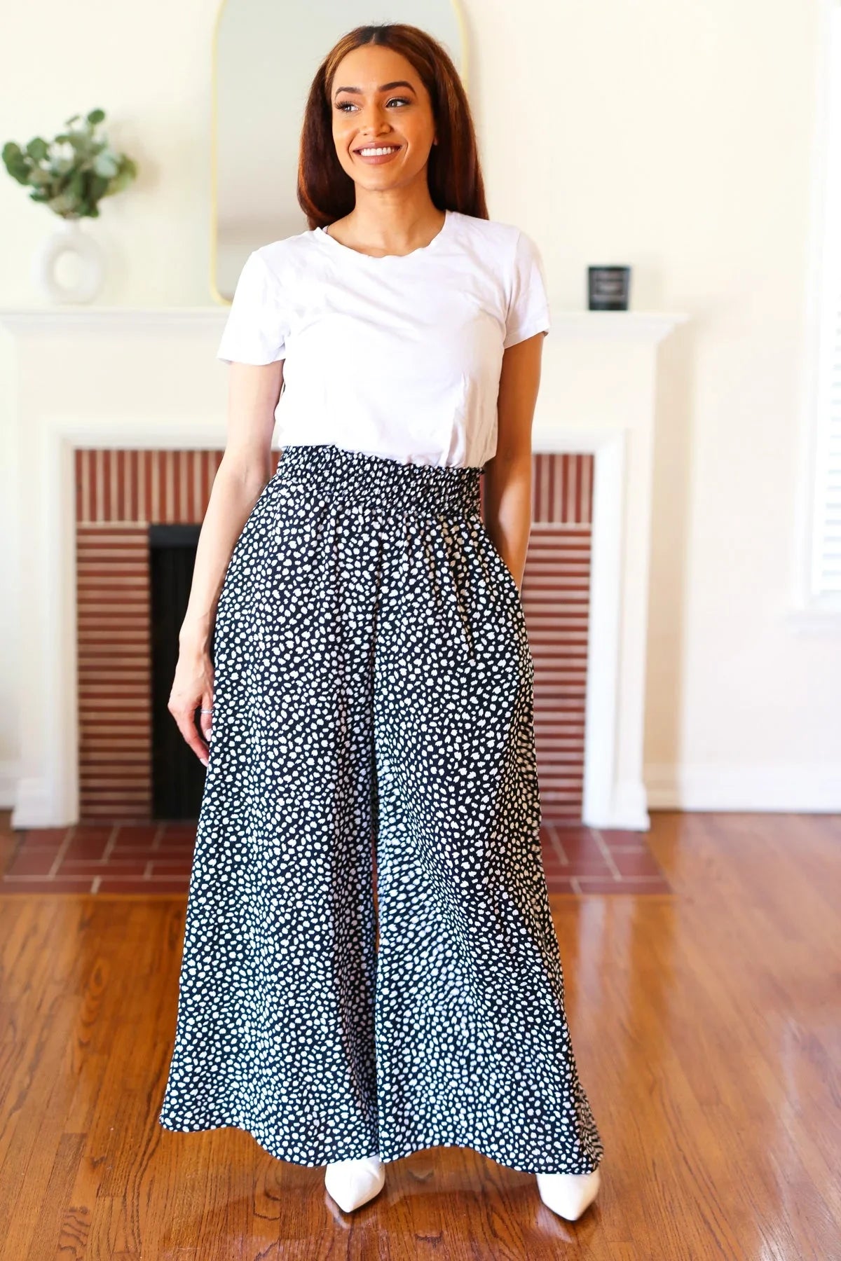 Let's Meet Up Black Animal Print Smocked Waist Palazzo Pants | Daverri Fashions