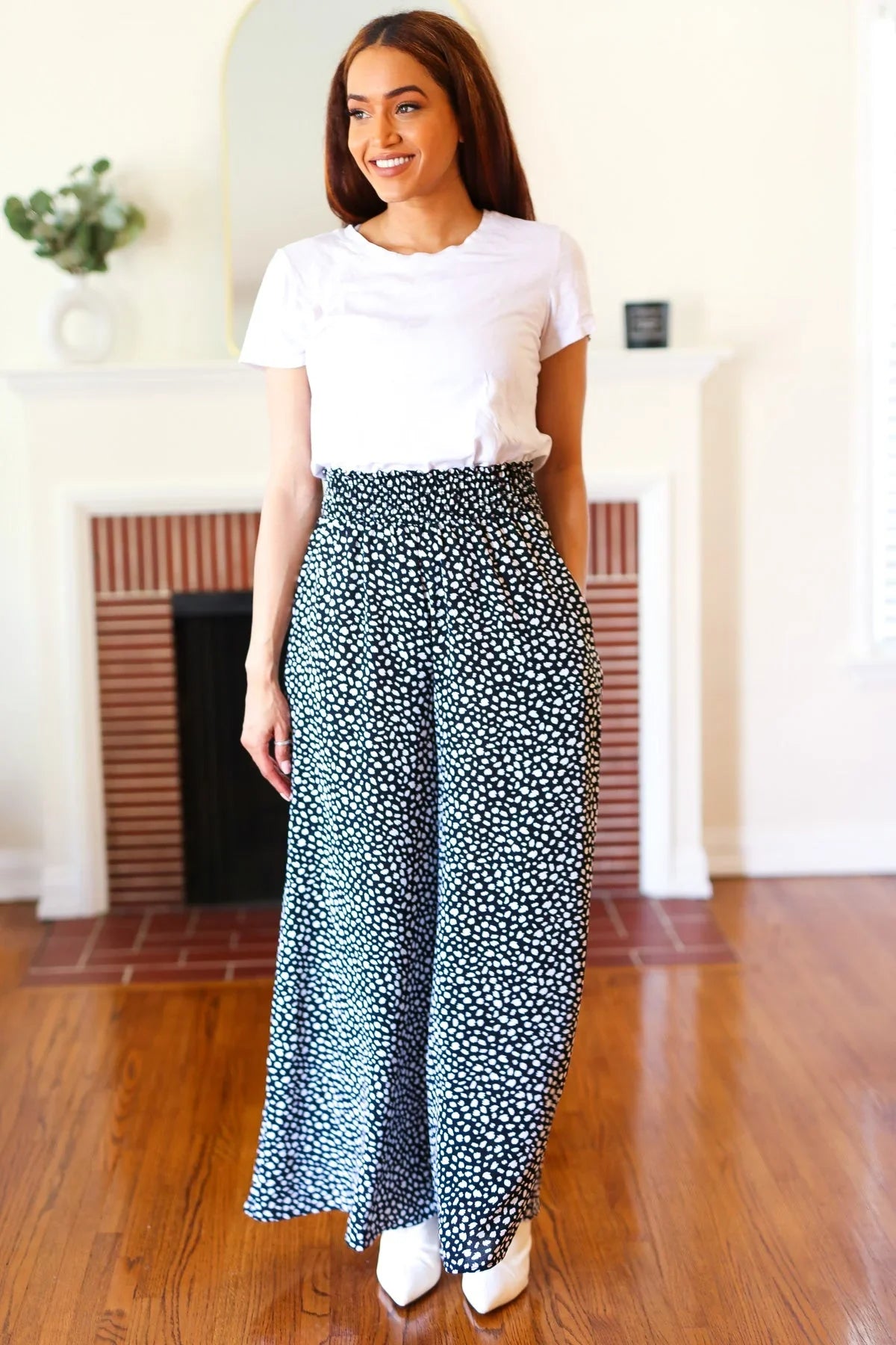 Let's Meet Up Black Animal Print Smocked Waist Palazzo Pants | Daverri Fashions
