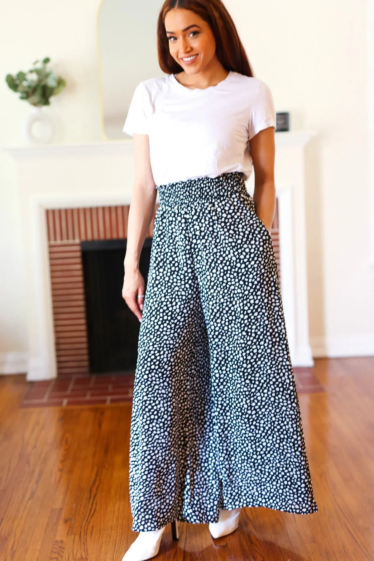 Let's Meet Up Black Animal Print Smocked Waist Palazzo Pants | Daverri Fashions