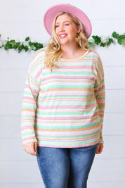 Green Apple & Tangerine Textured Vintage Stripe Top - DAVERRI FASHIONS