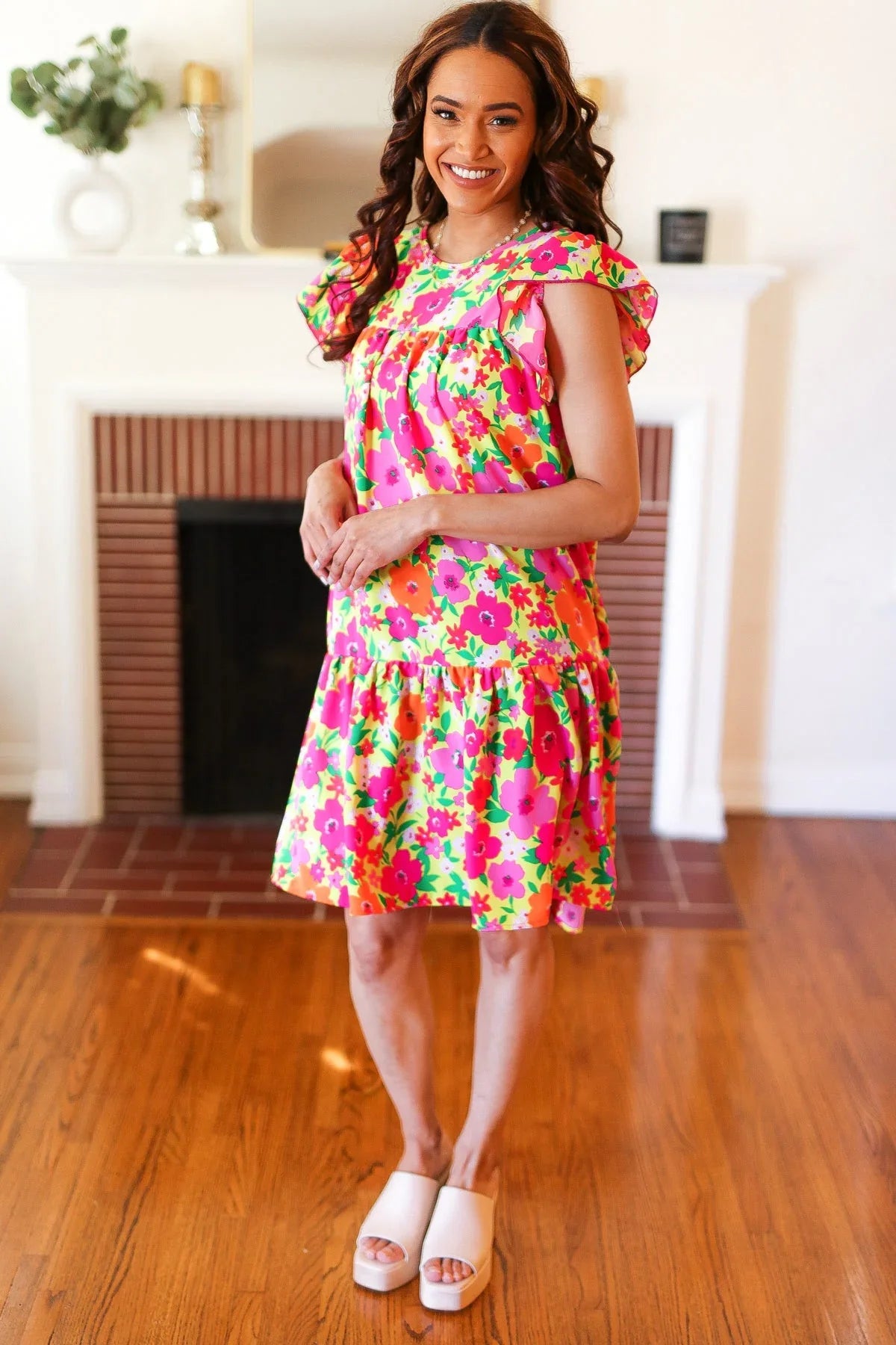 Be Charming Lime & Pink Floral Print Tiered Ruffle Sleeve Dress | 2024 Summer Blow Out Sale Daverri Fashions