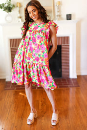 Be Charming Lime & Pink Floral Print Tiered Ruffle Sleeve Dress | 2024 Summer Blow Out Sale Daverri Fashions