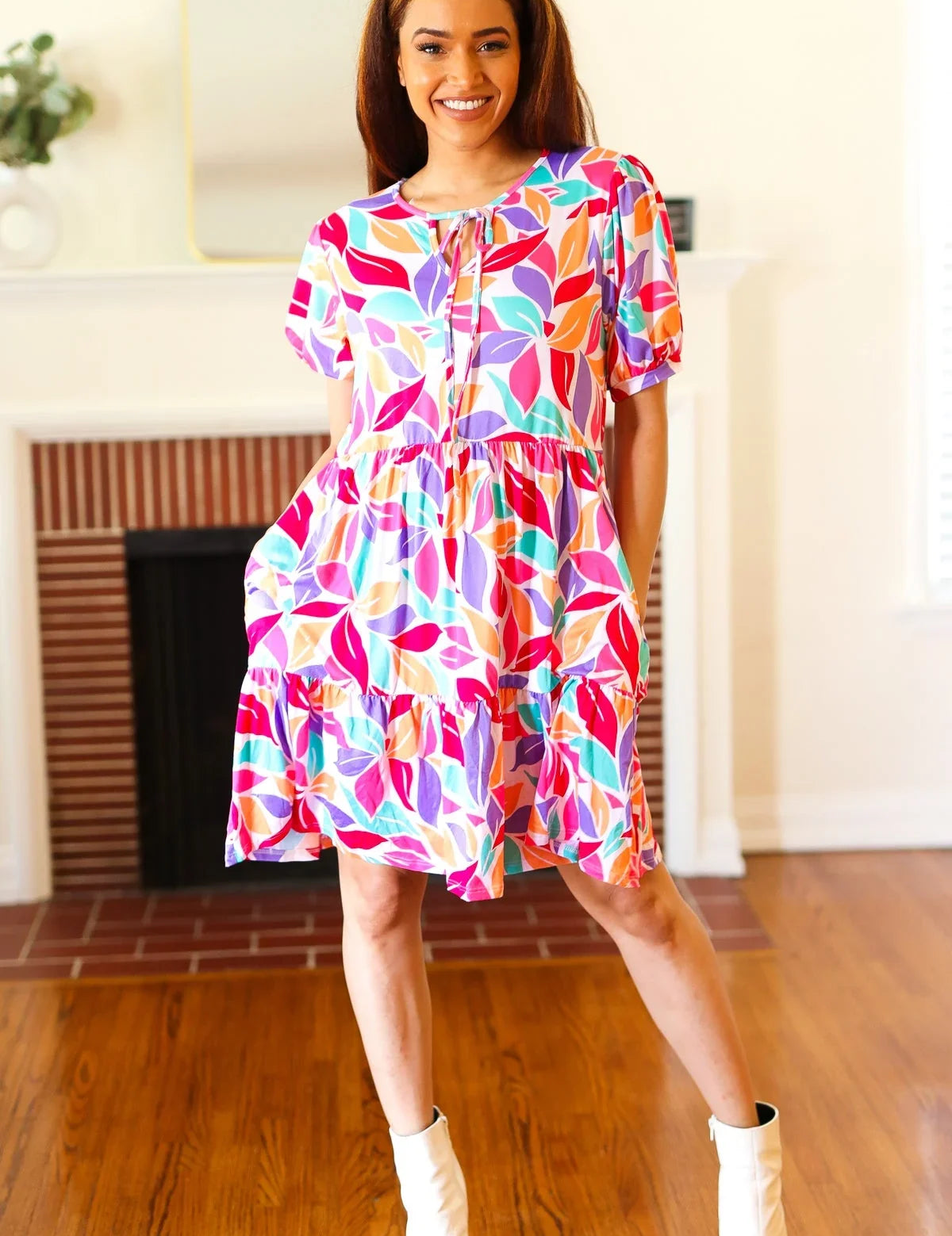 Feel Your Best Multicolor Floral Tiered Front Tie Pocketed Dress | Daverri Fashions