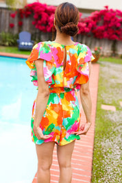 Multicolored tie-dye abstract floral smocked waist V-neck romper