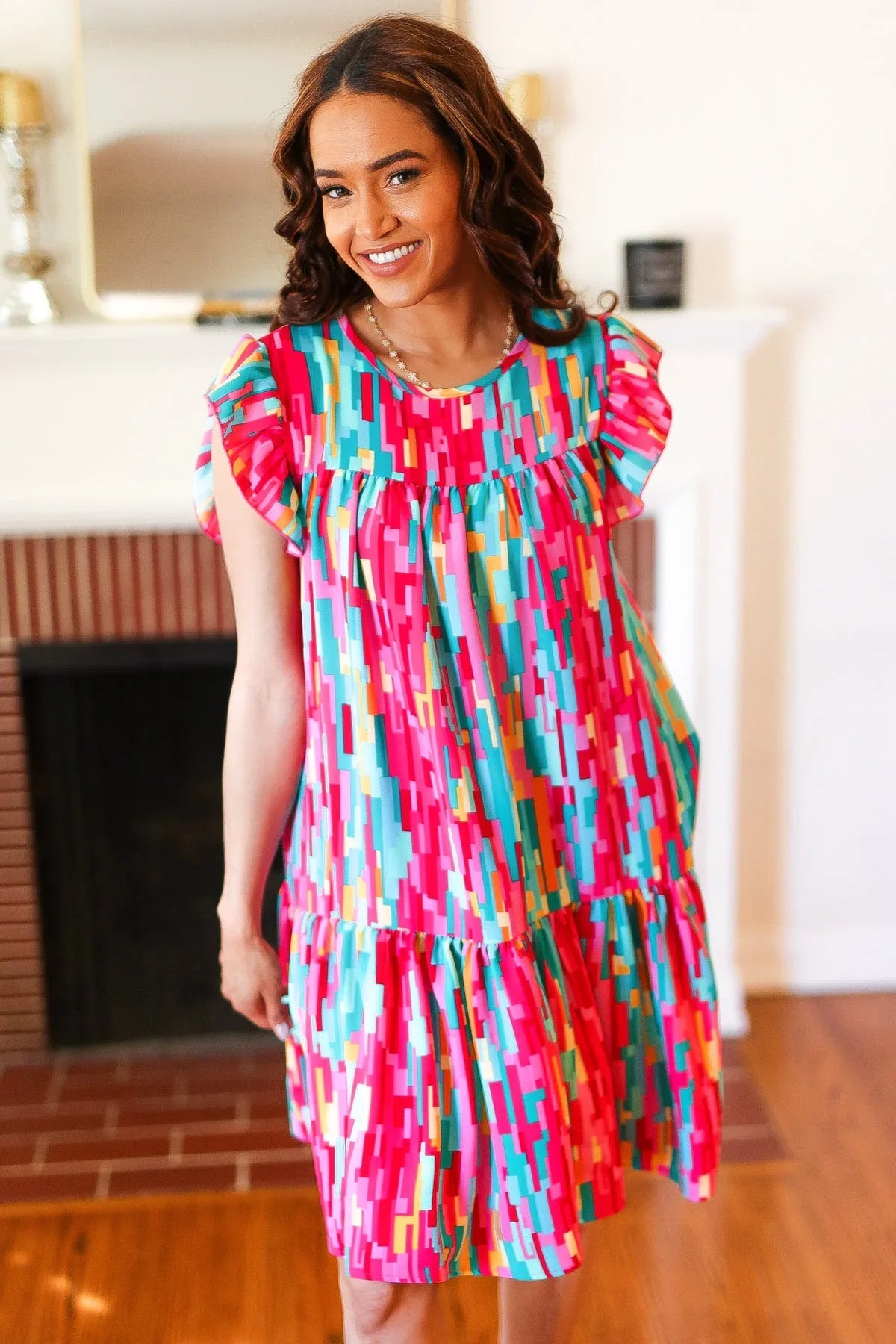 Feeling Bold Multicolor Abstract Print Tiered Ruffle Sleeve Dress | 2024 Summer Blow Out Sale Daverri Fashions