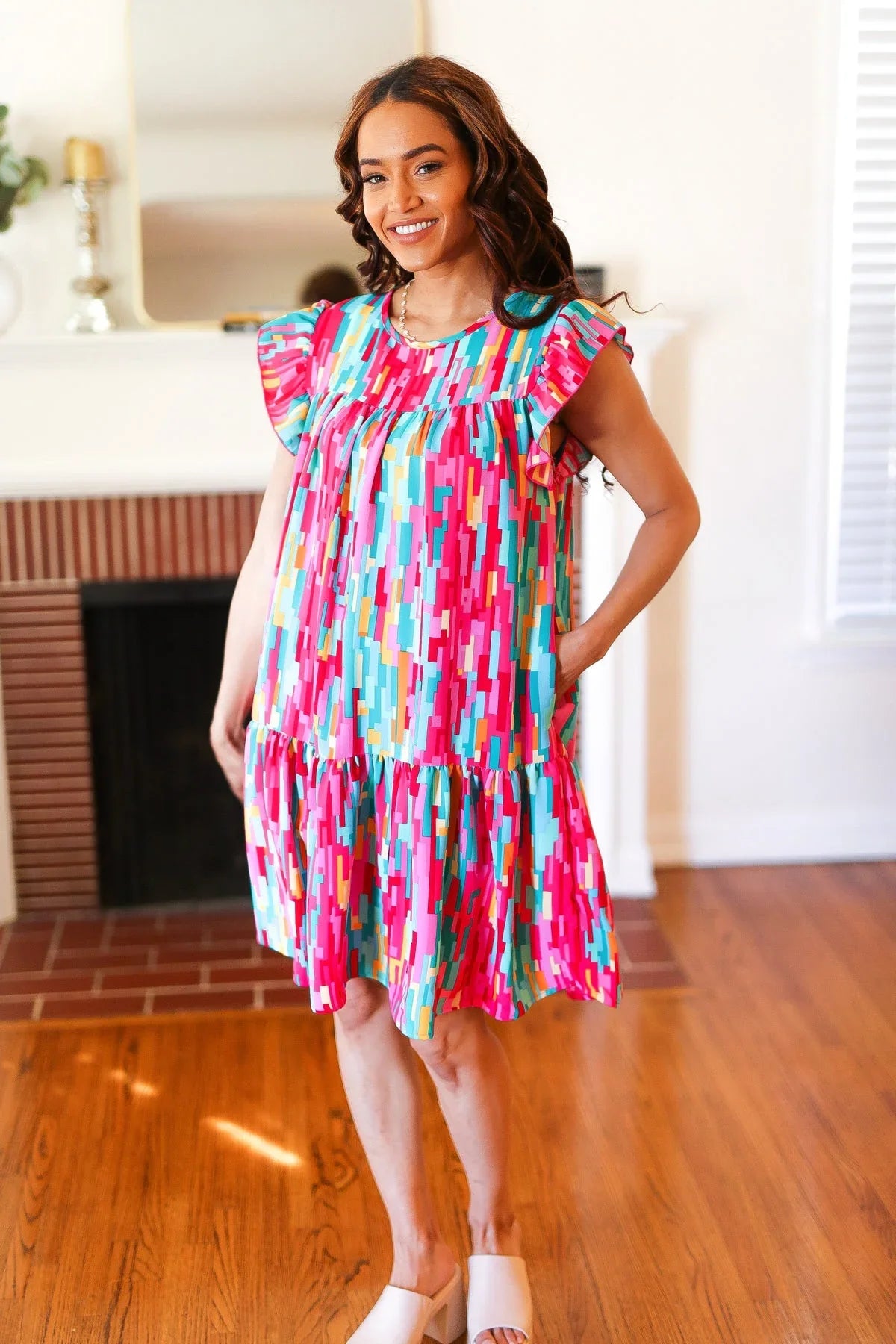 Feeling Bold Multicolor Abstract Print Tiered Ruffle Sleeve Dress | 2024 Summer Blow Out Sale Daverri Fashions