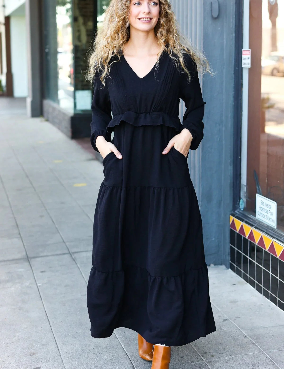 Beautiful You Black Pintuck Detail Frill V Neck Maxi Dress | Daverri Fashions