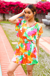 Multicolored Abstract Floral Smocked Waist V-Neck Flutter Sleeve Romper