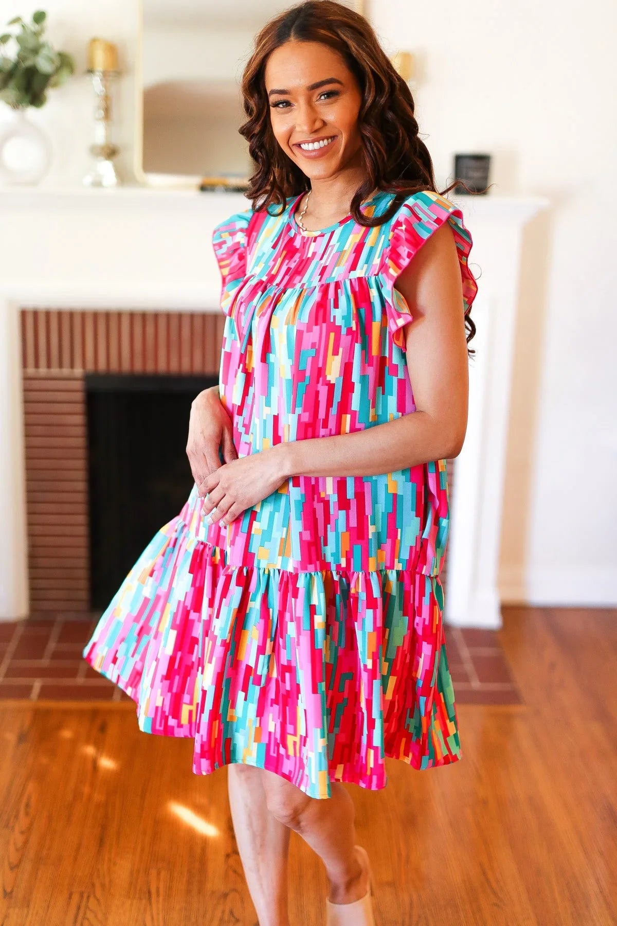 Feeling Bold Multicolor Abstract Print Tiered Ruffle Sleeve Dress | 2024 Summer Blow Out Sale Daverri Fashions