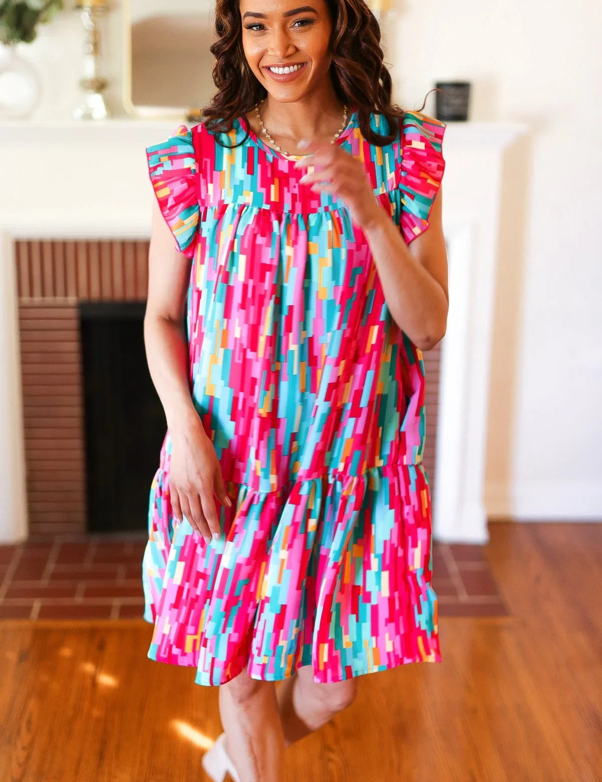 Feeling Bold Multicolor Abstract Print Tiered Ruffle Sleeve Dress | 2024 Summer Blow Out Sale Daverri Fashions