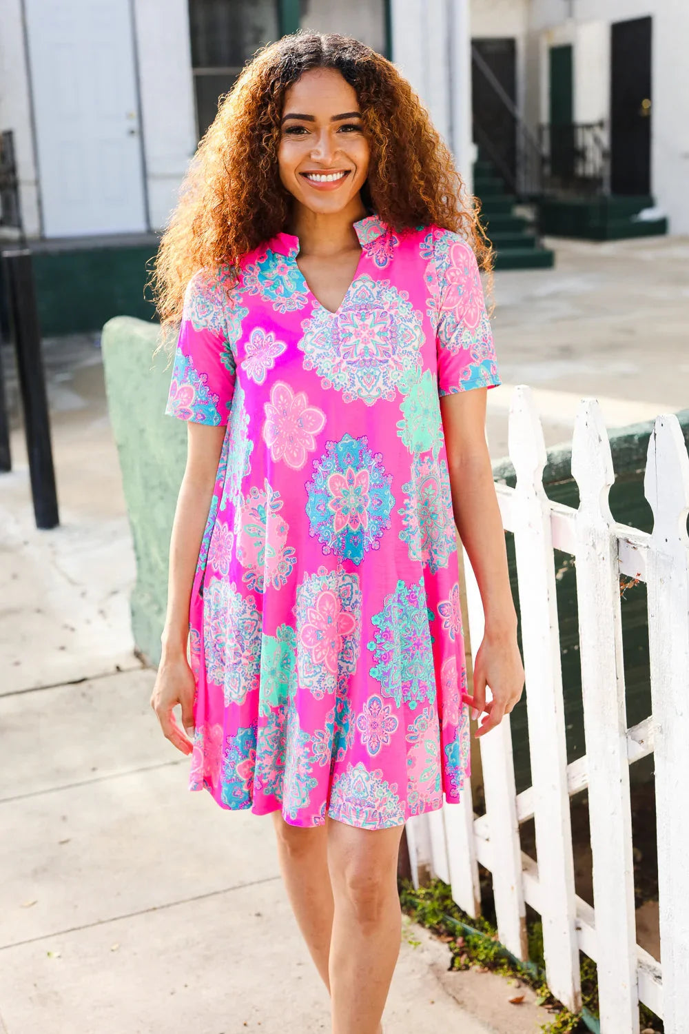 Find Love Hot Pink Abstract Print Frill Notch Neck Dress | Daverri Fashions