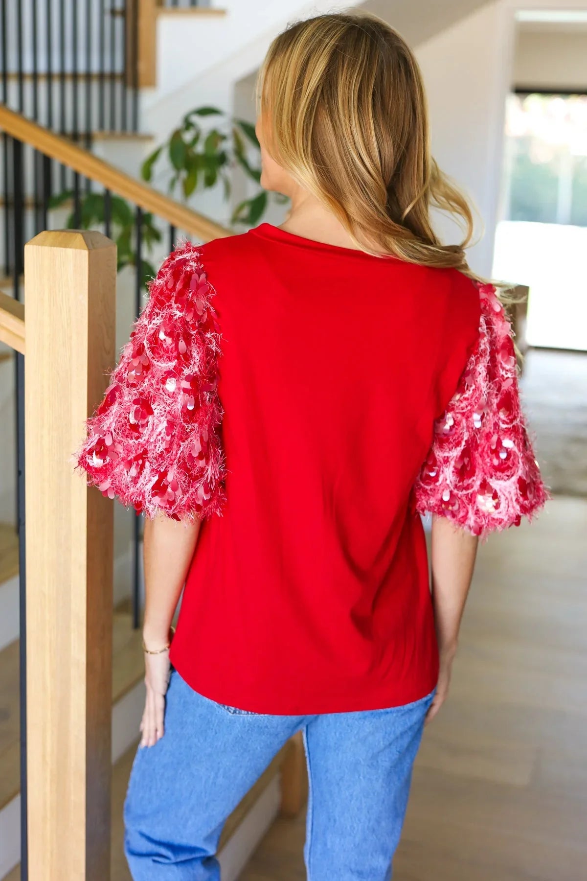 Come To Me Red Sequin Puff Short Sleeve Top | Daverri Fashions