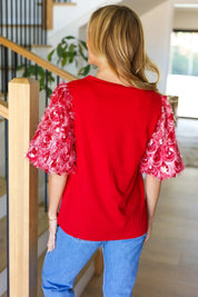 Come To Me Red Sequin Puff Short Sleeve Top | Daverri Fashions