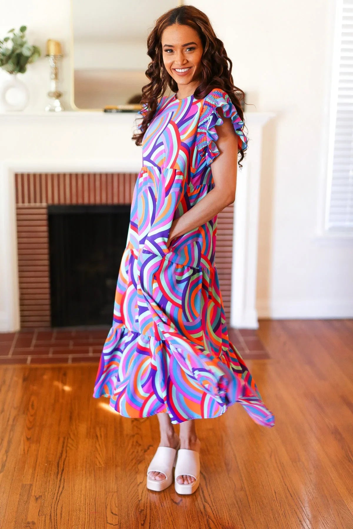 Feel Your Best Purple Abstract Print Smocked Ruffle Sleeve Maxi Dress | 07-01-25 Summer Sale Daverri Fashions