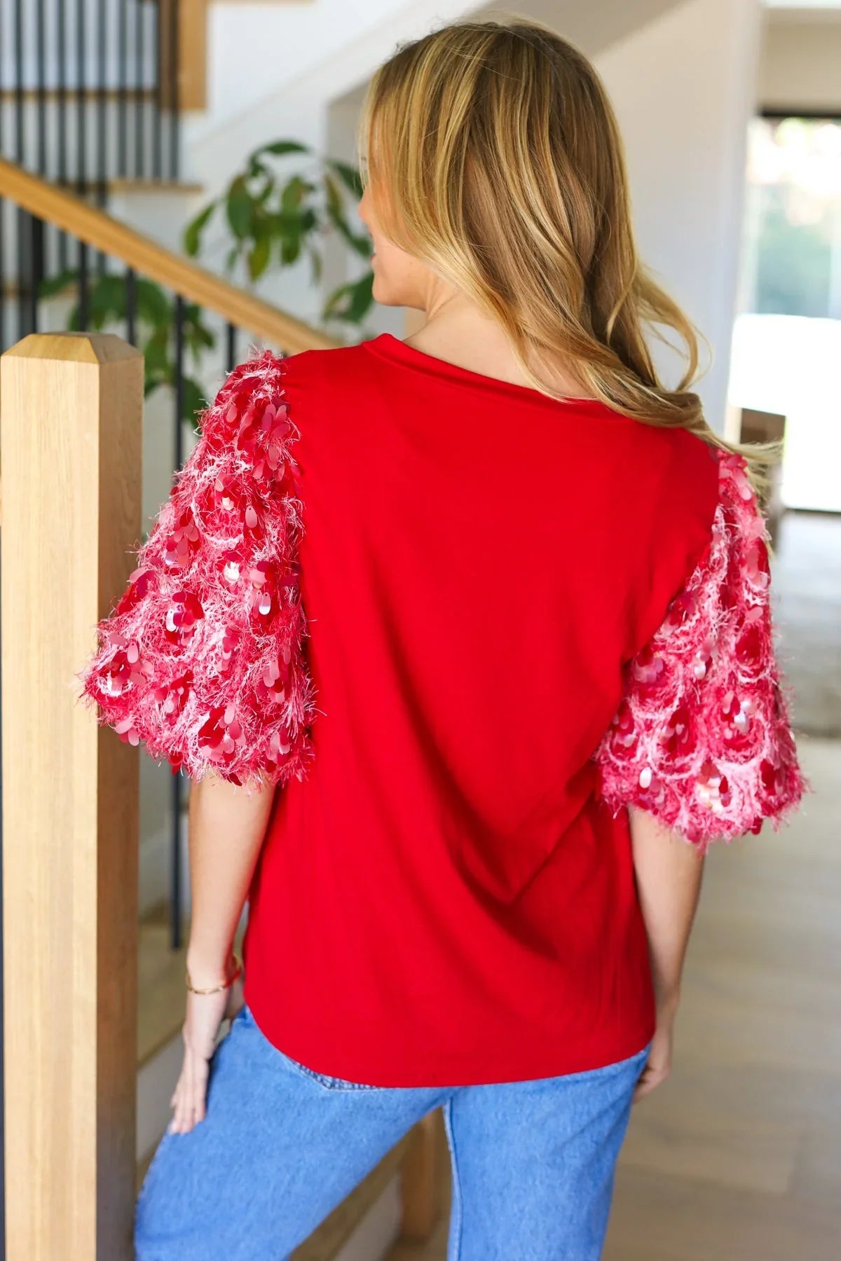 Come To Me Red Sequin Puff Short Sleeve Top | Daverri Fashions