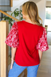 Come To Me Red Sequin Puff Short Sleeve Top | Daverri Fashions