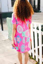 Find Love Hot Pink Abstract Print Frill Notch Neck Dress | Daverri Fashions