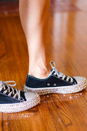 Get Their Attention Black Studded Canvas Sneakers | 2024 Blow-Out Sale Daverri Fashions