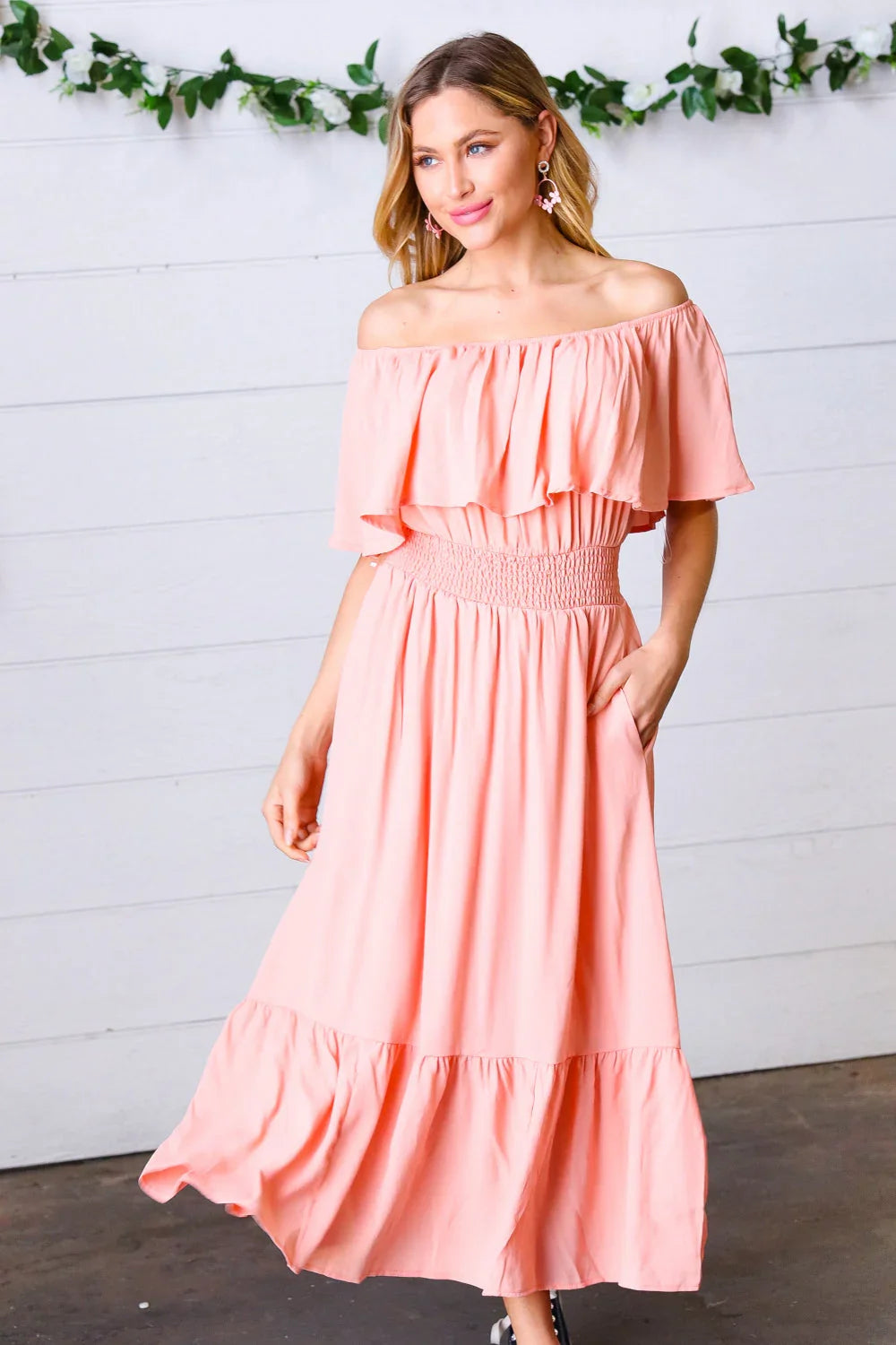 Coral off Shoulder Smocked Waist Ruffle Sleeve Midi Dress | Daverri Fashions
