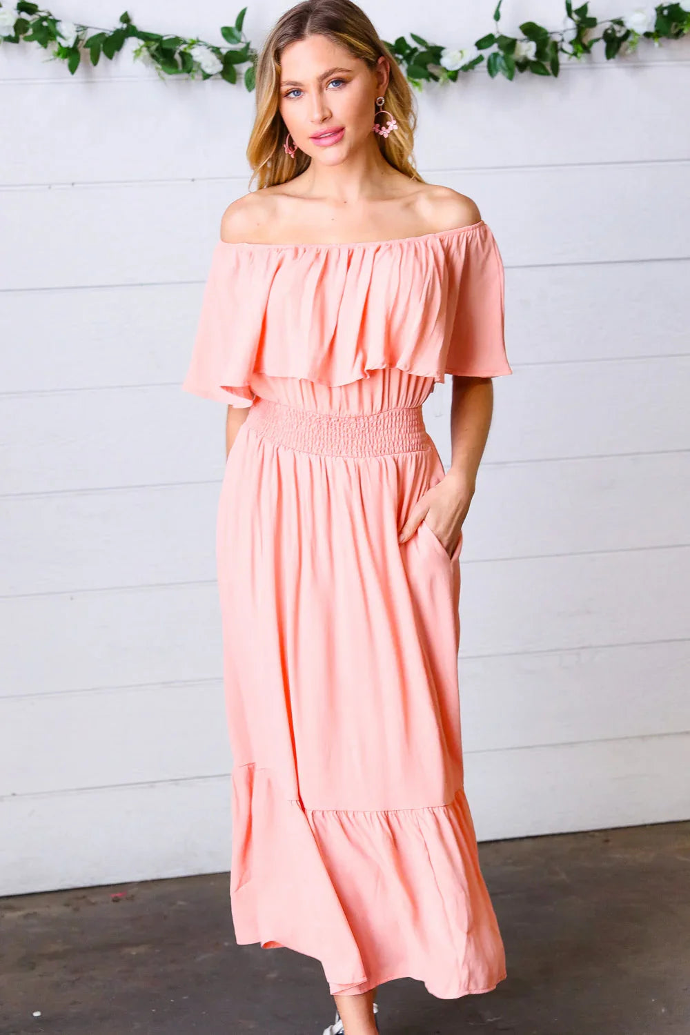 Coral off Shoulder Smocked Waist Ruffle Sleeve Midi Dress | Daverri Fashions