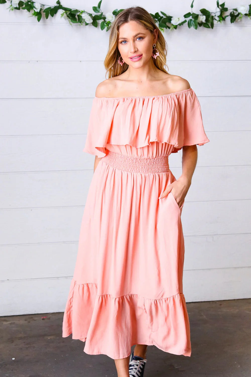 Coral off Shoulder Smocked Waist Ruffle Sleeve Midi Dress | Daverri Fashions