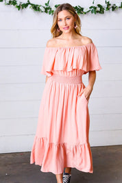 Coral off Shoulder Smocked Waist Ruffle Sleeve Midi Dress | Daverri Fashions