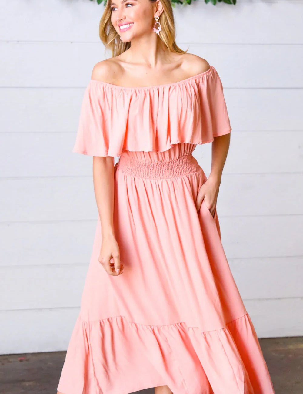 Coral off Shoulder Smocked Waist Ruffle Sleeve Midi Dress | Daverri Fashions