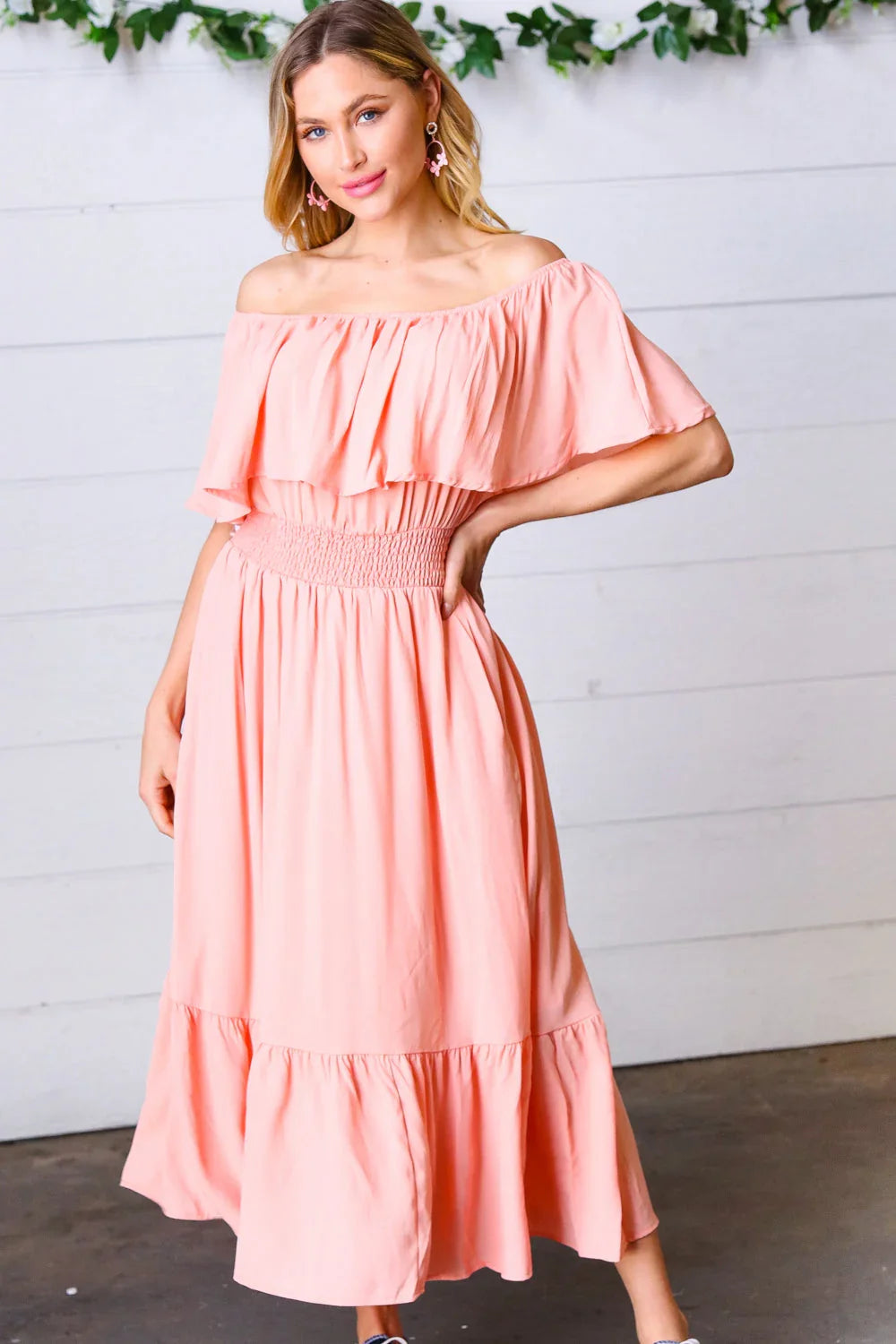 Coral off Shoulder Smocked Waist Ruffle Sleeve Midi Dress | Daverri Fashions