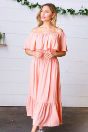 Coral off Shoulder Smocked Waist Ruffle Sleeve Midi Dress | Daverri Fashions