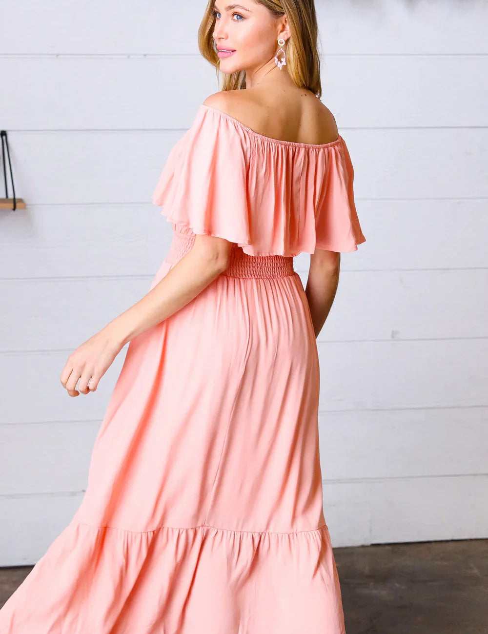 Coral off Shoulder Smocked Waist Ruffle Sleeve Midi Dress | Daverri Fashions
