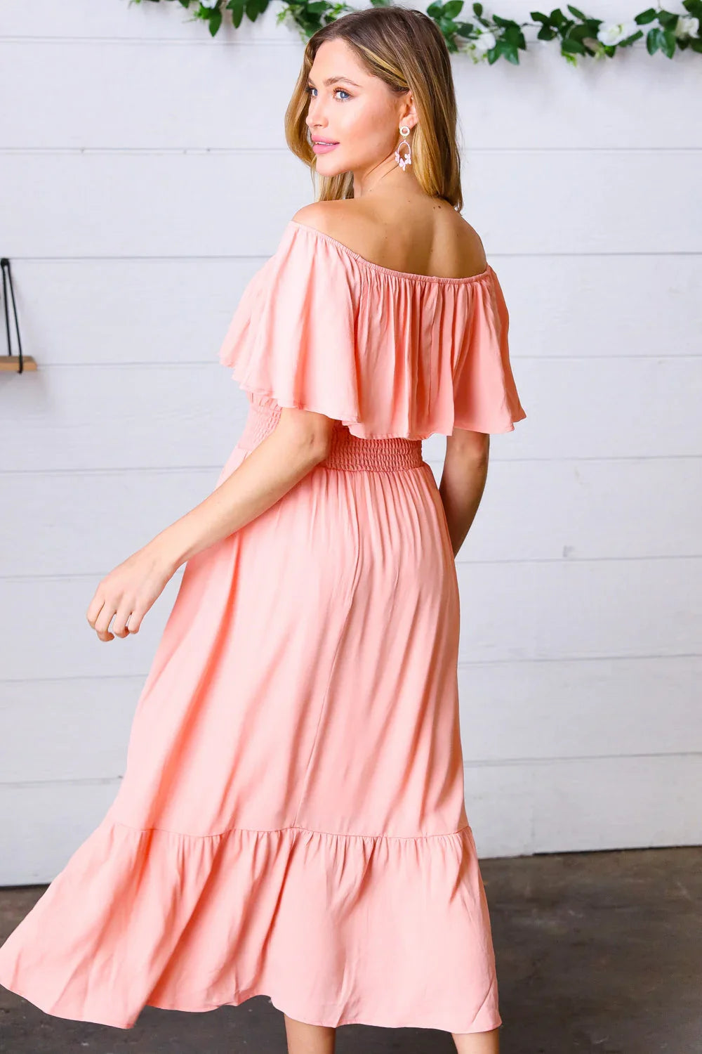 Coral off Shoulder Smocked Waist Ruffle Sleeve Midi Dress | Daverri Fashions