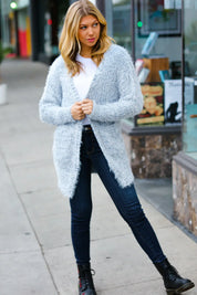 Leading Lady Slate Blue Two Tone Fuzzy Soft Brushed Cardigan | Daverri Fashions