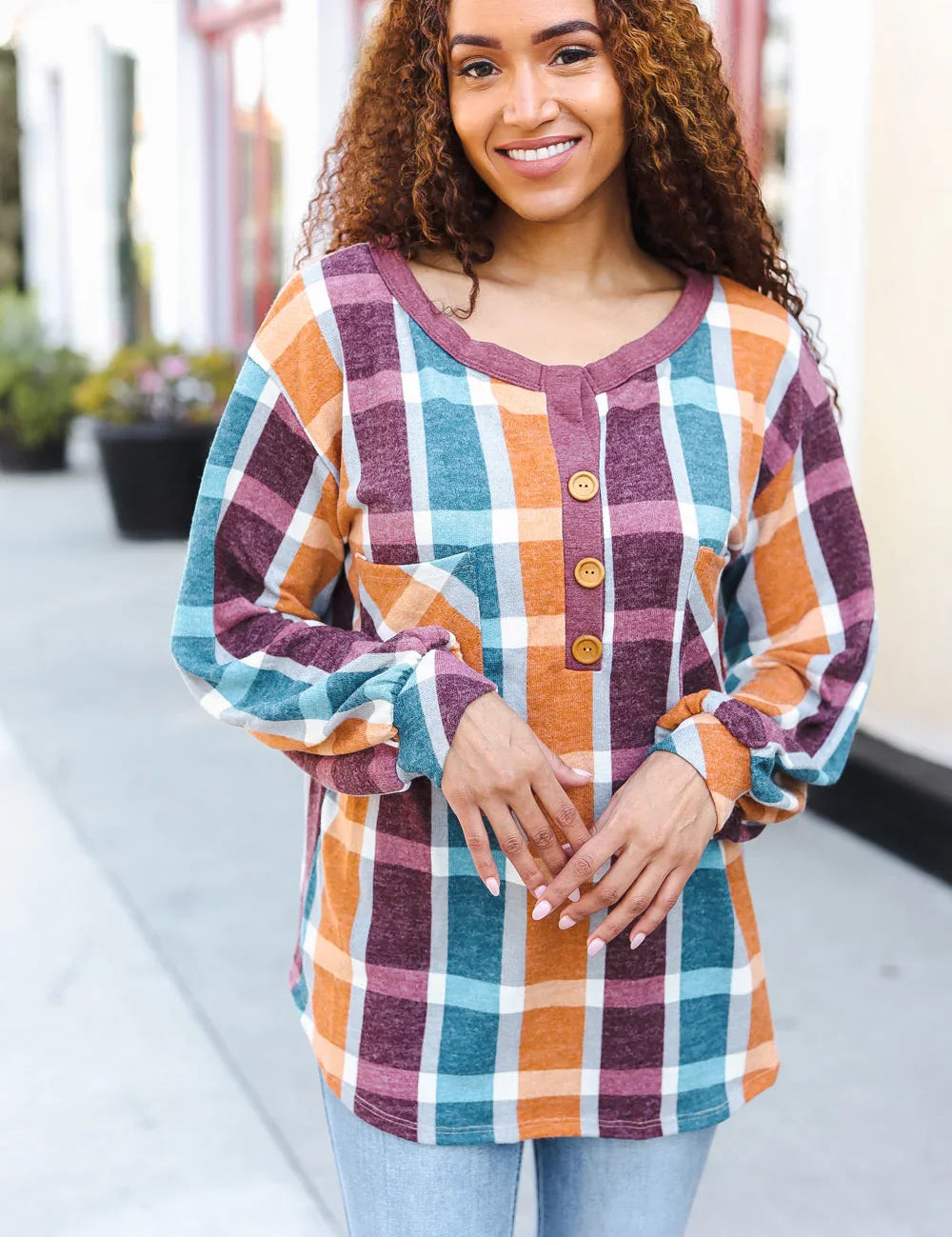 Adorable In Plaid French Terry Henley Pocket Top | 2024 Blow-Out Sale Daverri Fashions