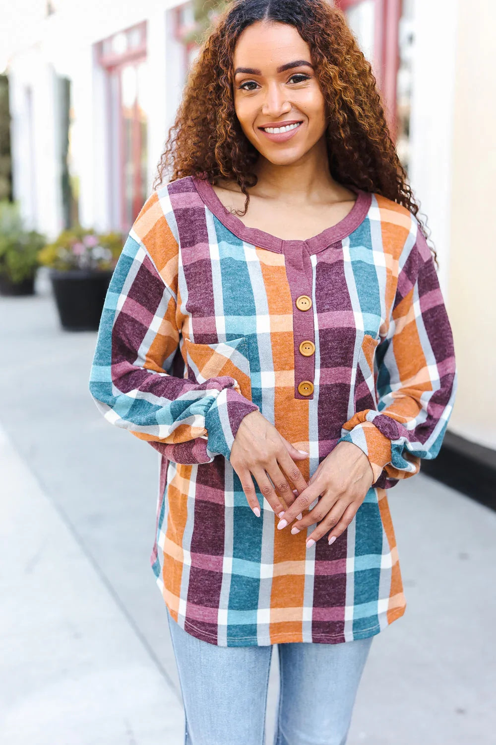 Adorable In Plaid French Terry Henley Pocket Top | 2024 Blow-Out Sale Daverri Fashions