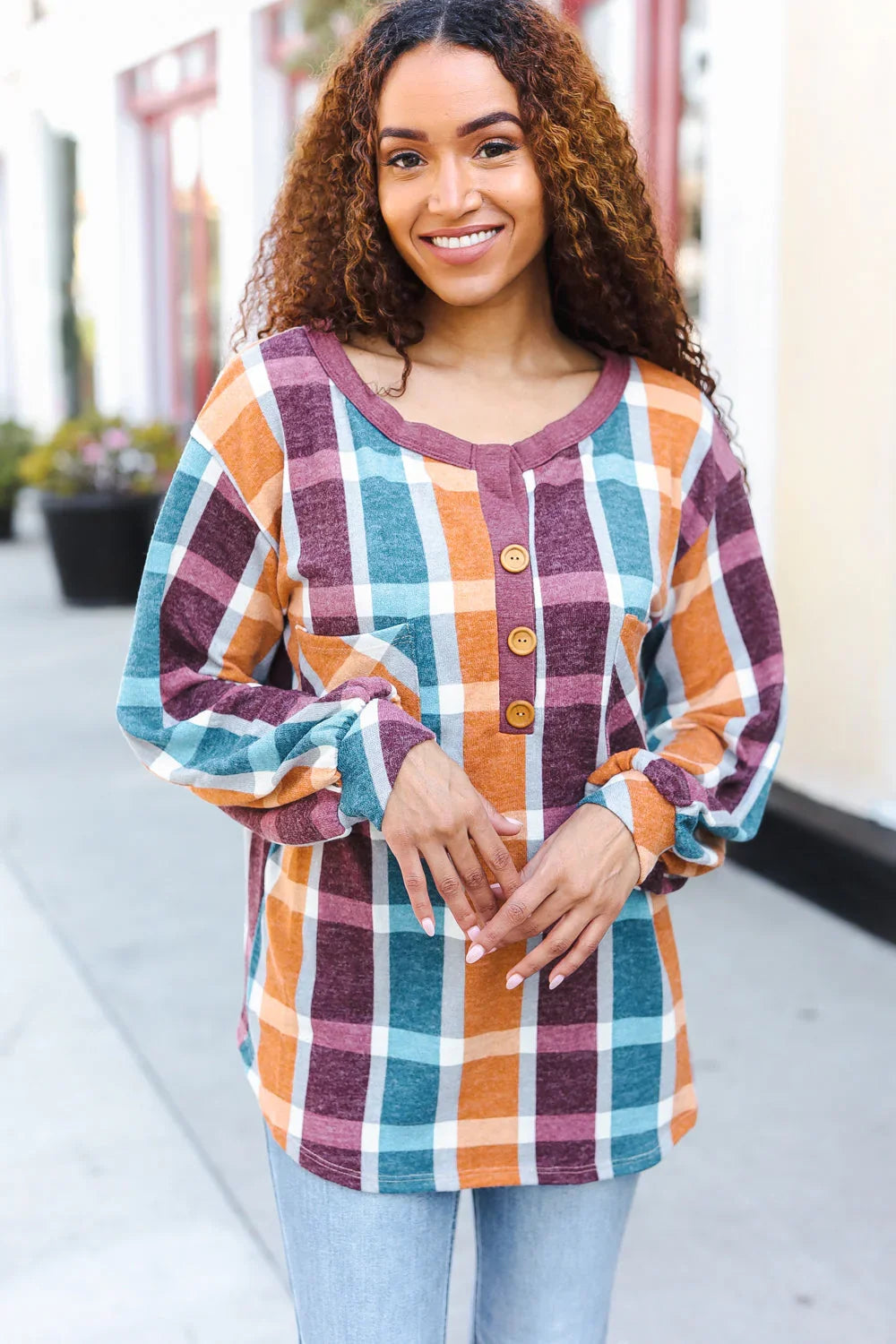 Adorable In Plaid French Terry Henley Pocket Top | 2024 Blow-Out Sale Daverri Fashions