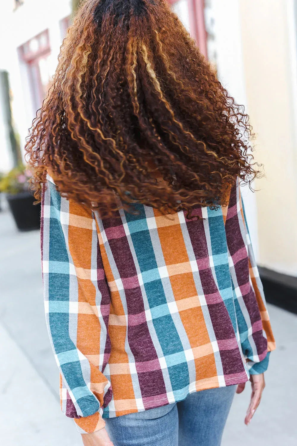 Bibi Loose Fit Plaid French Terry Henley Pocket Top - DAVERRI FASHIONS