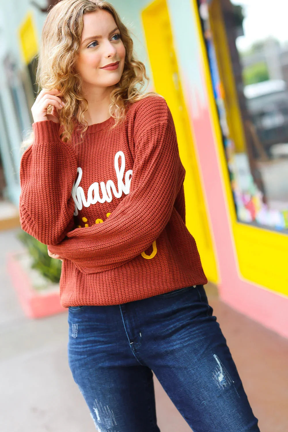 All I Want Thanksgiving Pop Up Embroidery Chunky Sweater | Daverri Fashions