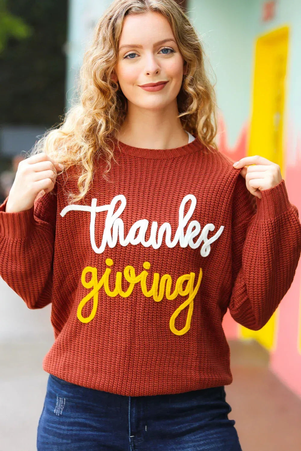 All I Want Thanksgiving Pop Up Embroidery Chunky Sweater - DAVERRI FASHIONS