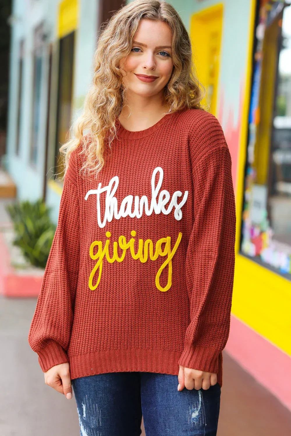 All I Want Thanksgiving Pop Up Embroidery Chunky Sweater - DAVERRI FASHIONS