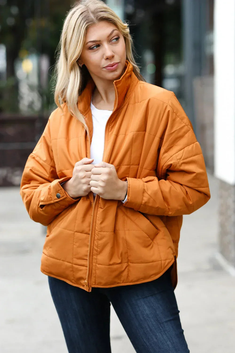 Eyes On You Butterscotch Quilted Puffer Jacket - DAVERRI FASHIONS