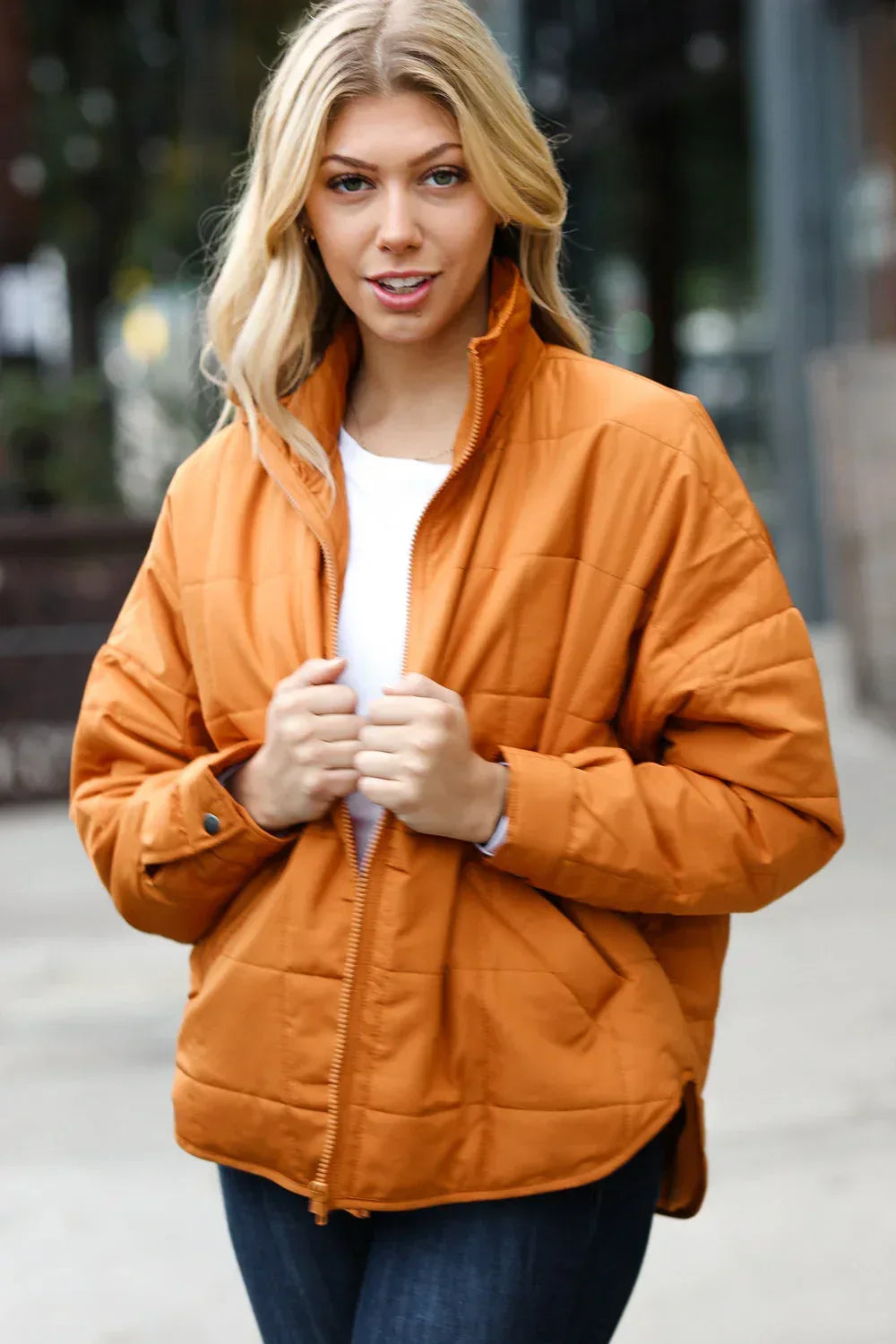 Eyes On You Butterscotch Quilted Puffer Jacket - DAVERRI FASHIONS