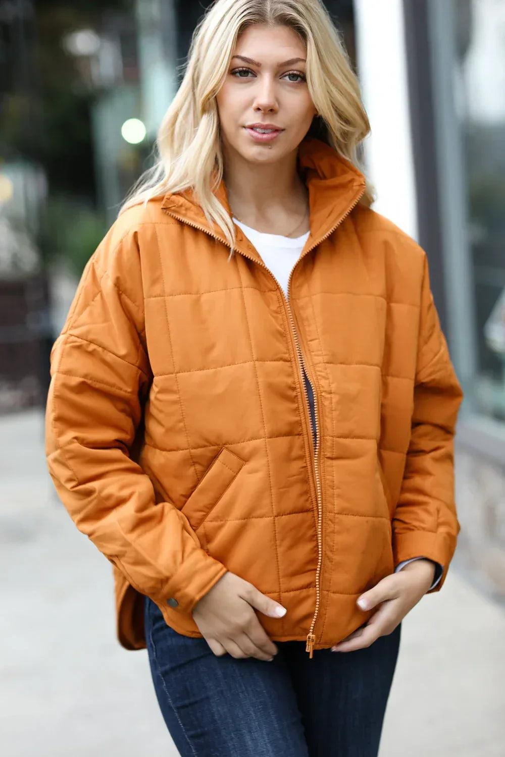 Eyes On You Butterscotch Quilted Puffer Jacket - DAVERRI FASHIONS