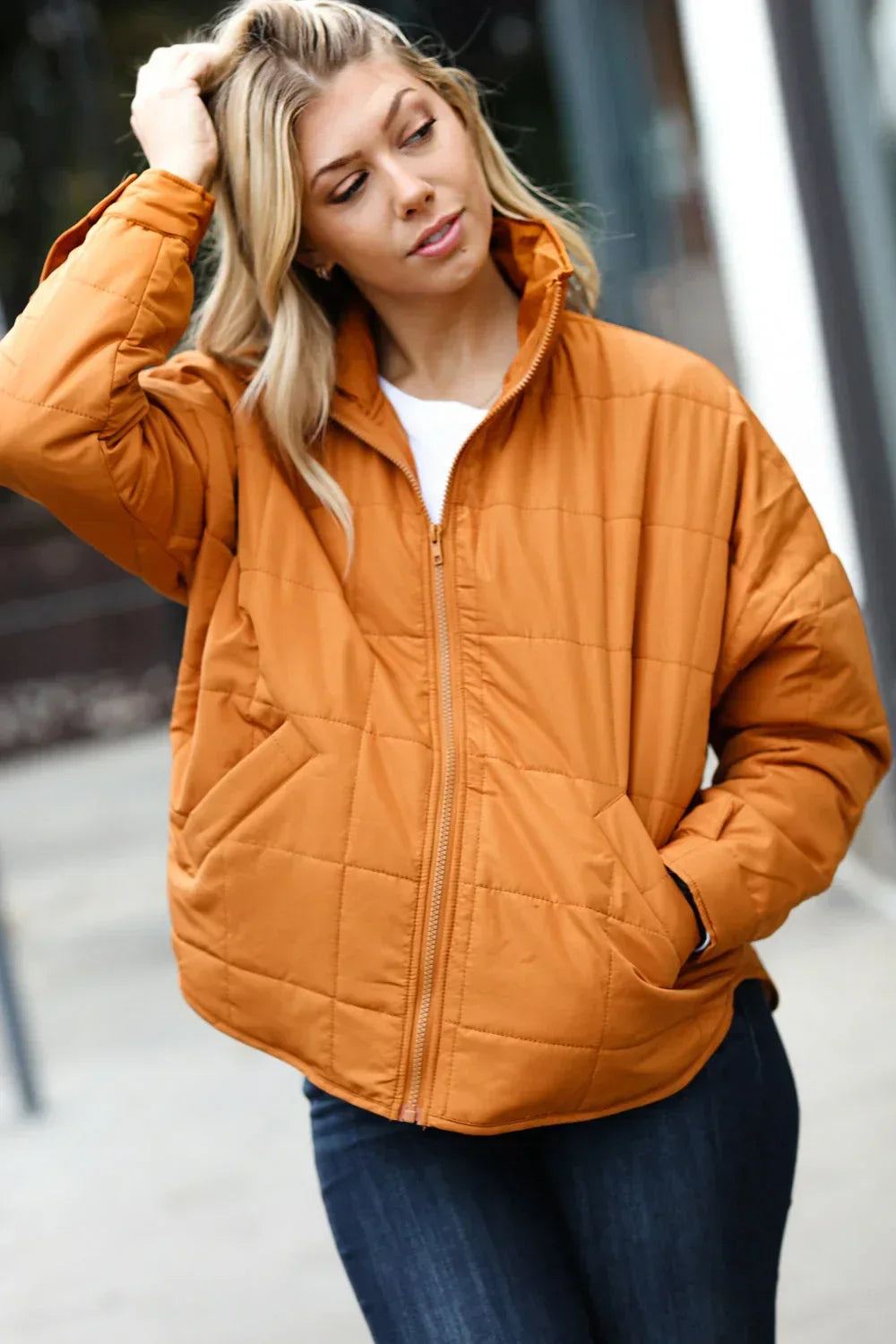 Eyes On You Butterscotch Quilted Puffer Jacket - DAVERRI FASHIONS